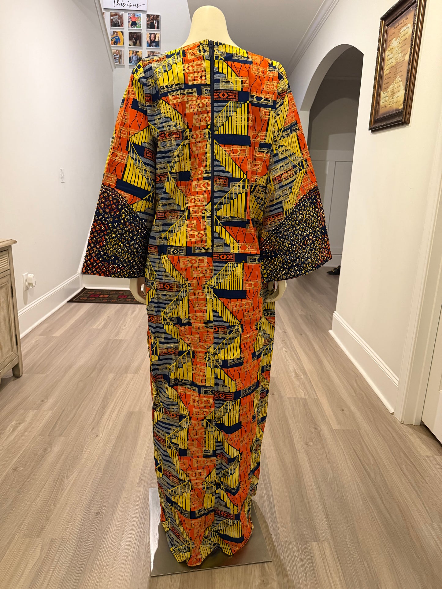 African Gold Plated Ankara Wax Print Embroidered Kaftan Dress with Glittery Stones