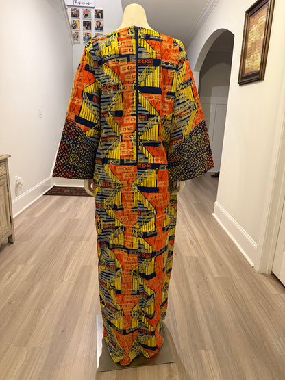 African Gold Plated Ankara Wax Print Embroidered Kaftan Dress with Glittery Stones