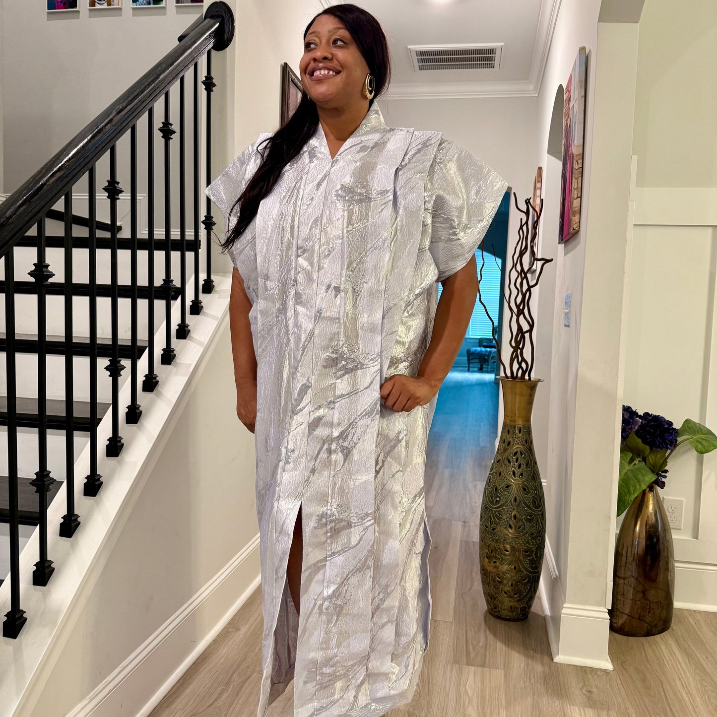 High Quality Luxury White African Damask Brocade Bubu/Boubou Maxi Dress Buga Style