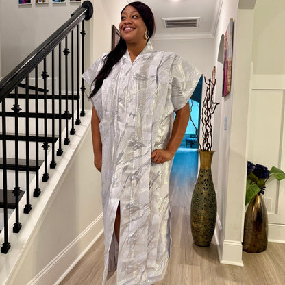 High Quality Luxury White African Damask Brocade Bubu/Boubou Maxi Dress Buga Style