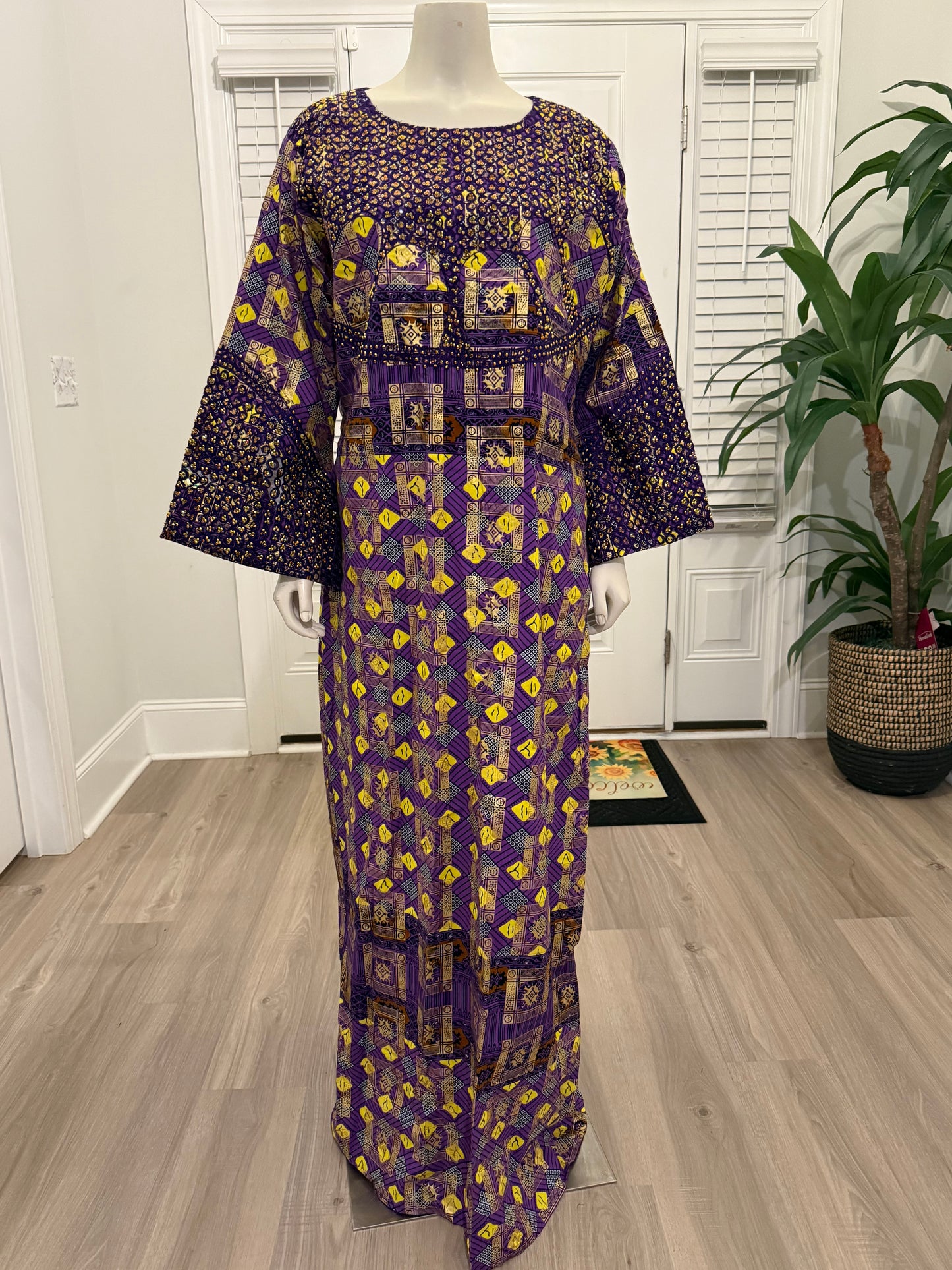 African Gold Plated Ankara Wax Print Embroidered Kaftan Dress with Glittery Stones