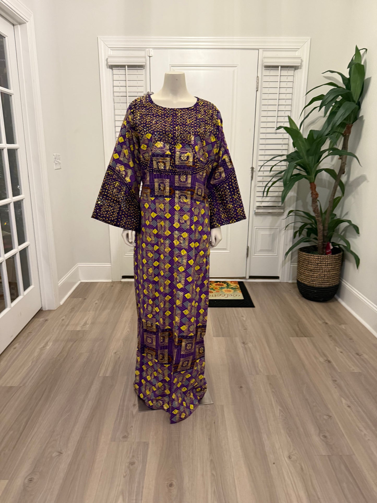 African Gold Plated Ankara Wax Print Embroidered Kaftan Dress with Glittery Stones
