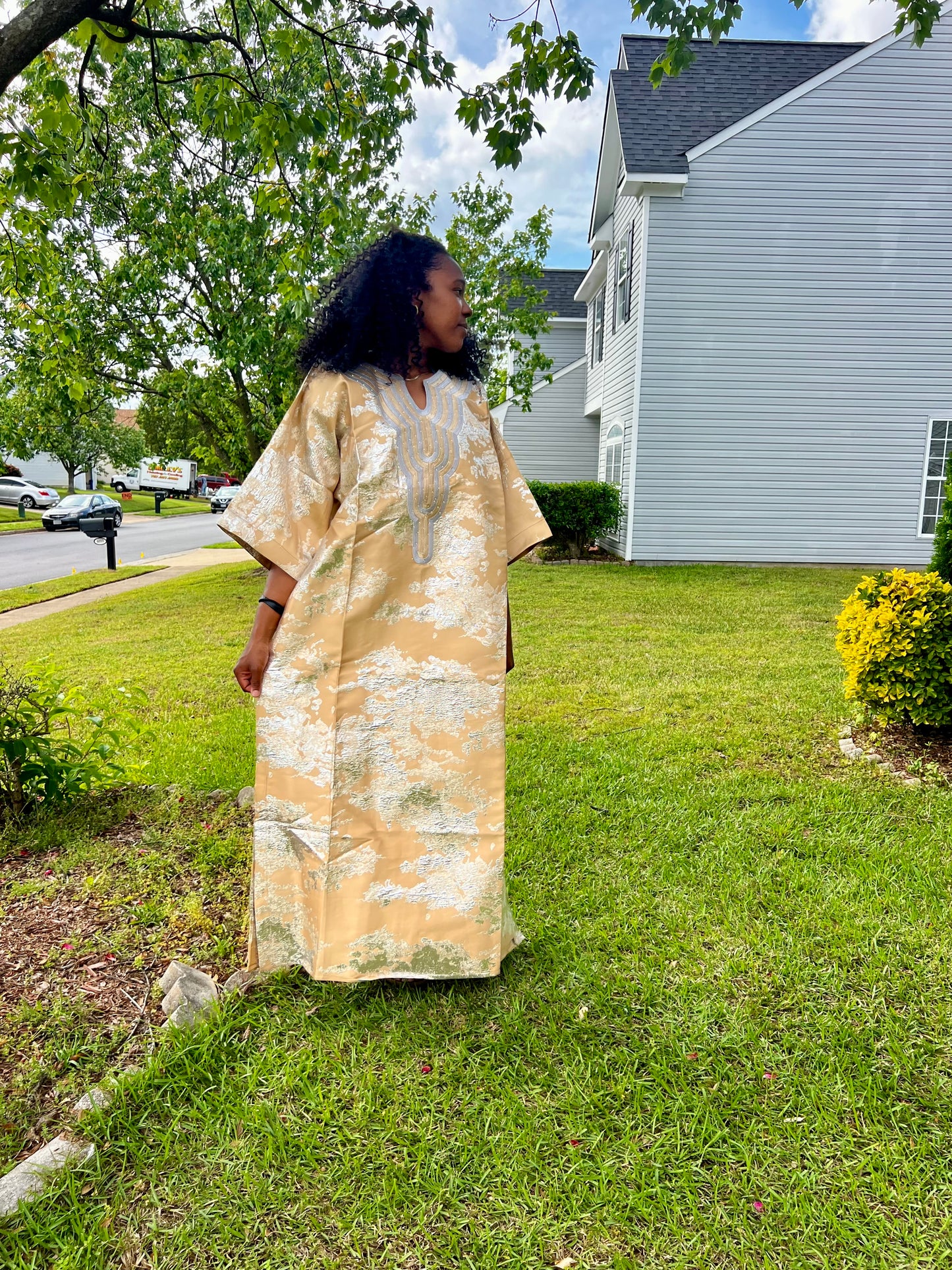 African Luxury Damask Brocade Abstract Pattern Bubu Maxi Dress