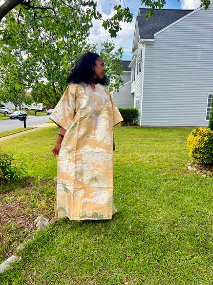 African Luxury Damask Brocade Abstract Pattern Bubu Maxi Dress