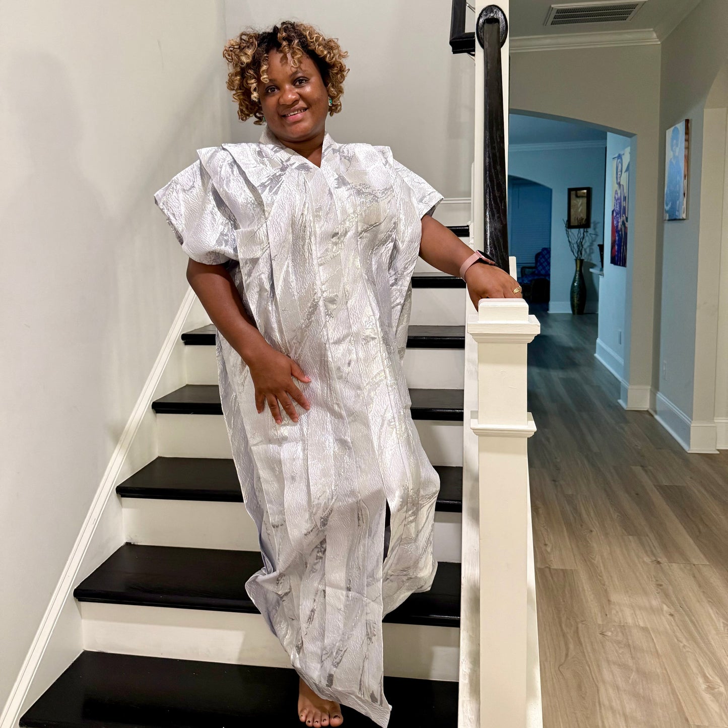 High Quality Luxury White African Damask Brocade Bubu/Boubou Maxi Dress Buga Style