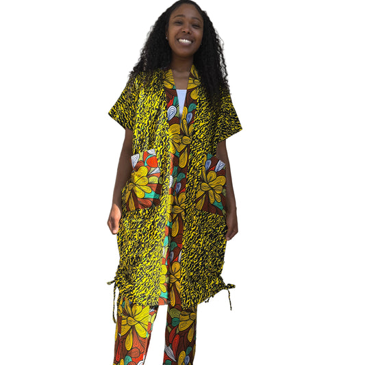 Modern African Ankara Wax Print Afro Calantha Tie side kimono 2p Women Pant Set