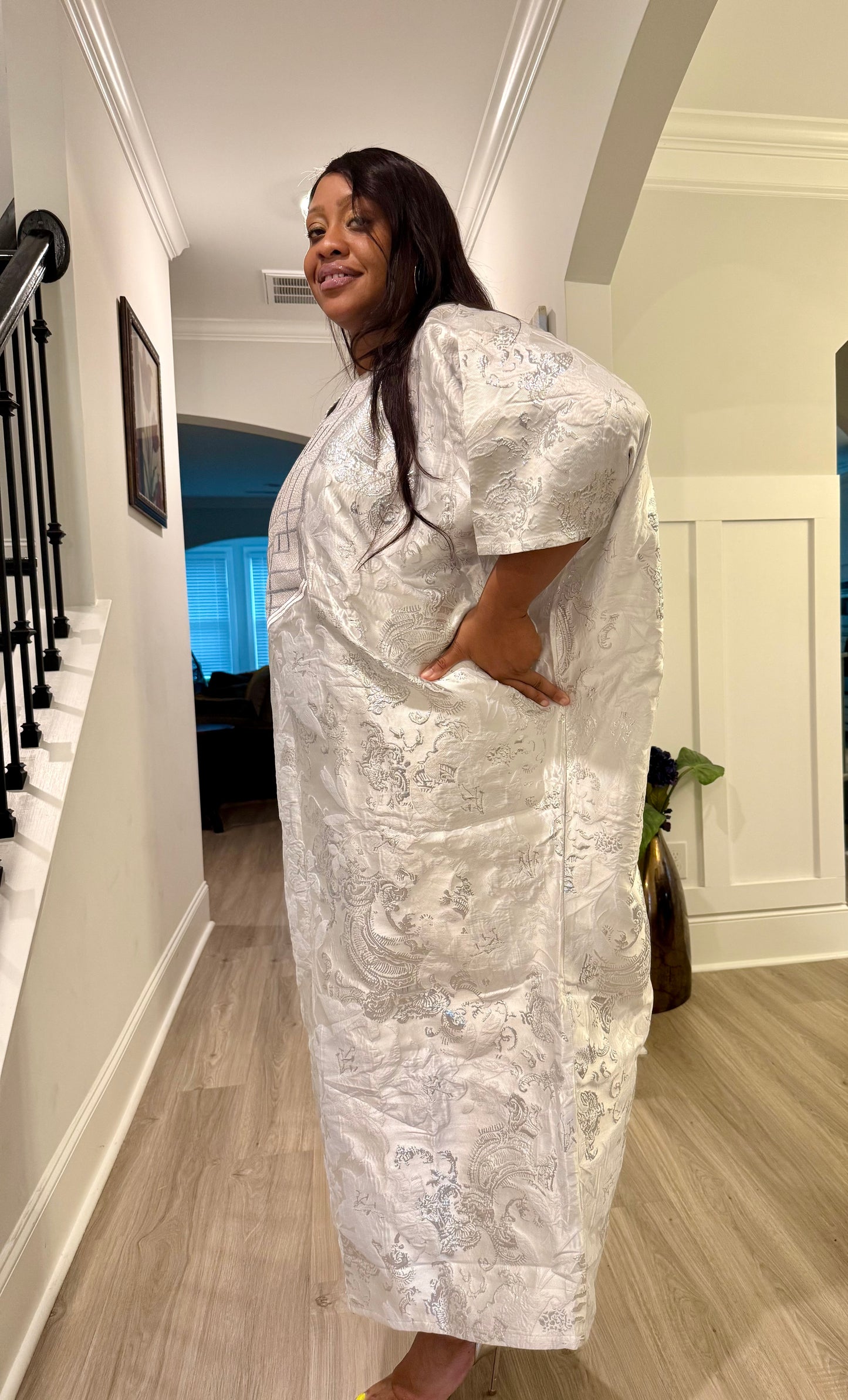Embroidered White Brocade Maxi Dress: African Bubu Boubou Gown
