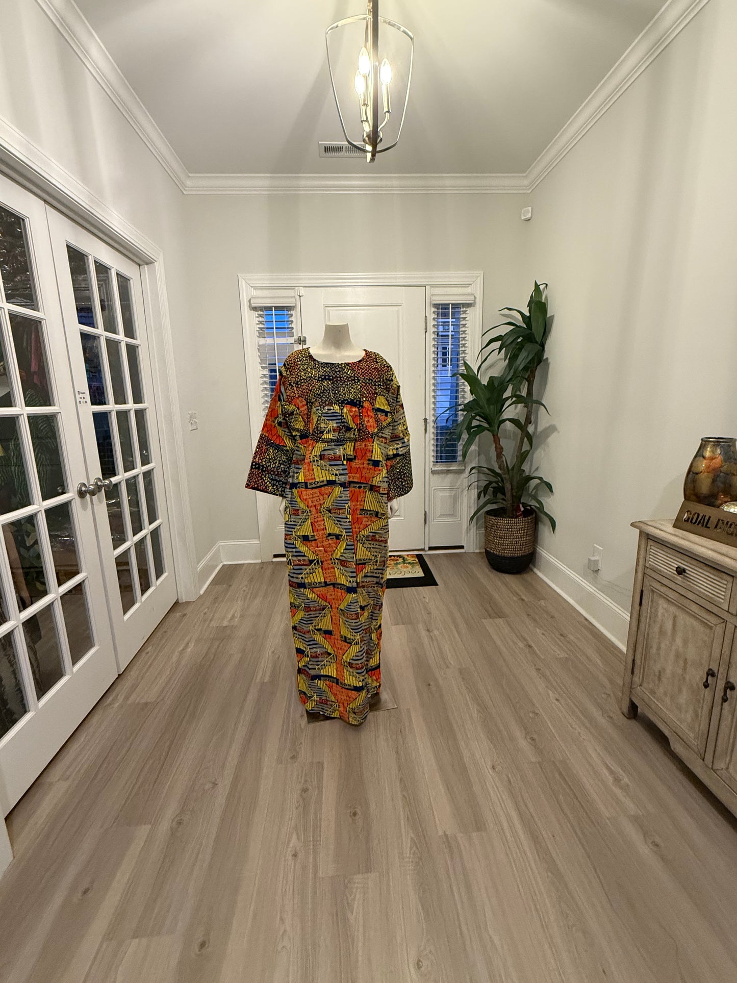African Gold Plated Ankara Wax Print Embroidered Kaftan Dress with Glittery Stones