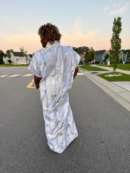 High Quality Luxury White African Damask Brocade Bubu/Boubou Maxi Dress Buga Style