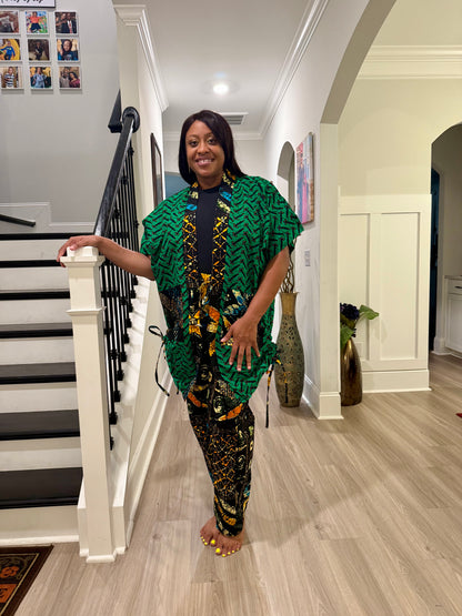 Modern African Ankara Wax Print Afro Calantha Tie side kimono 2p Women Pant Set