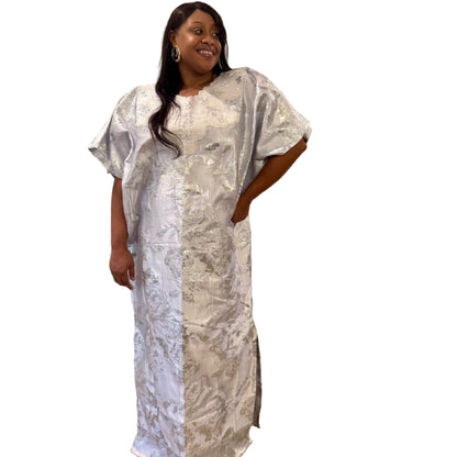 Embroidered White Brocade Maxi Dress: African Bubu Boubou Gown