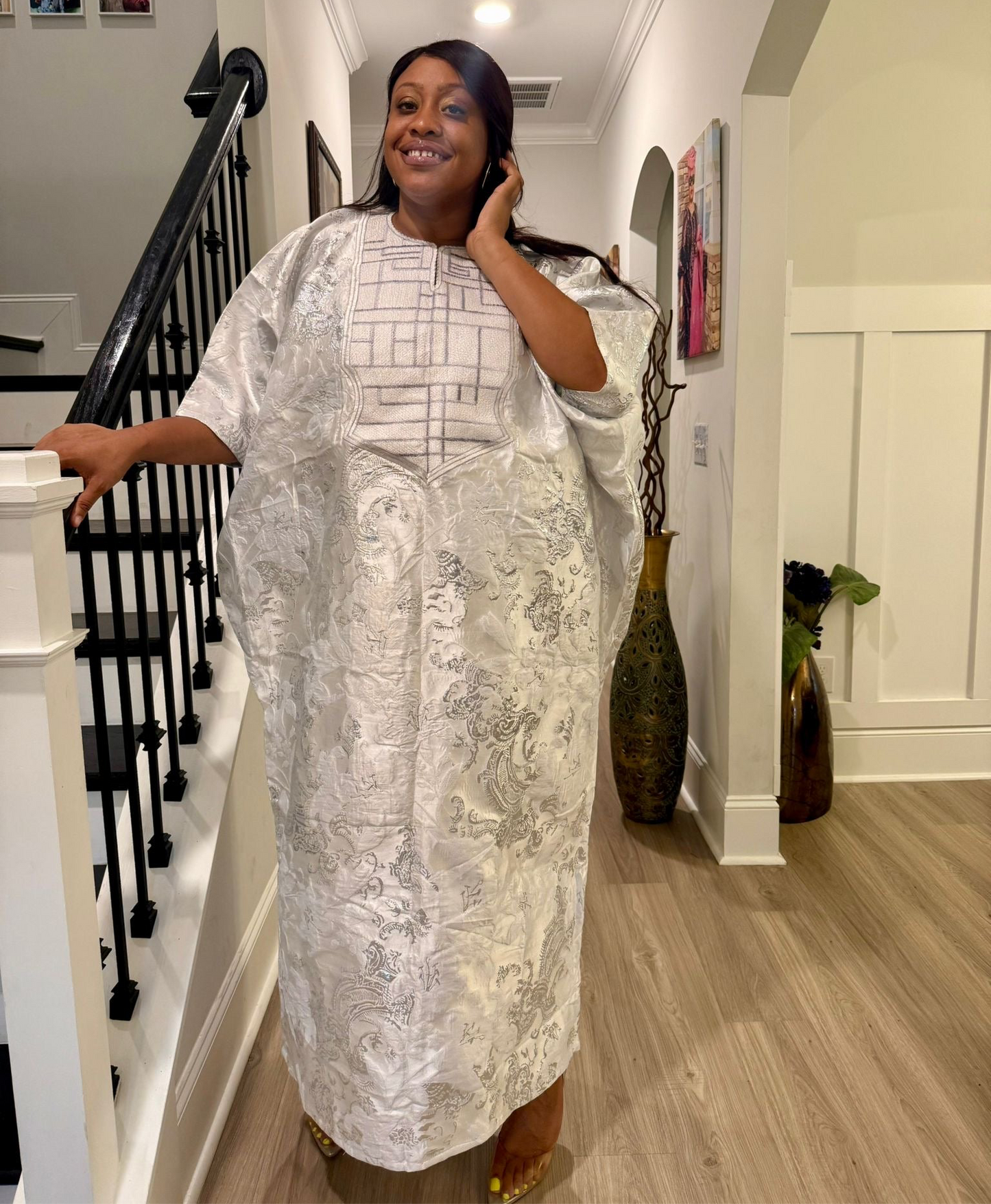 Embroidered White Brocade Maxi Dress: African Bubu Boubou Gown