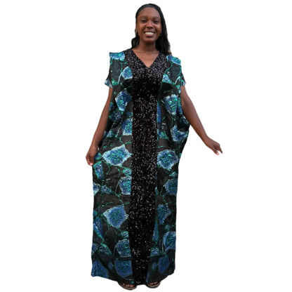 African Unique Rich Aunty Black Damask Brocade Boubou/Maxi Dress