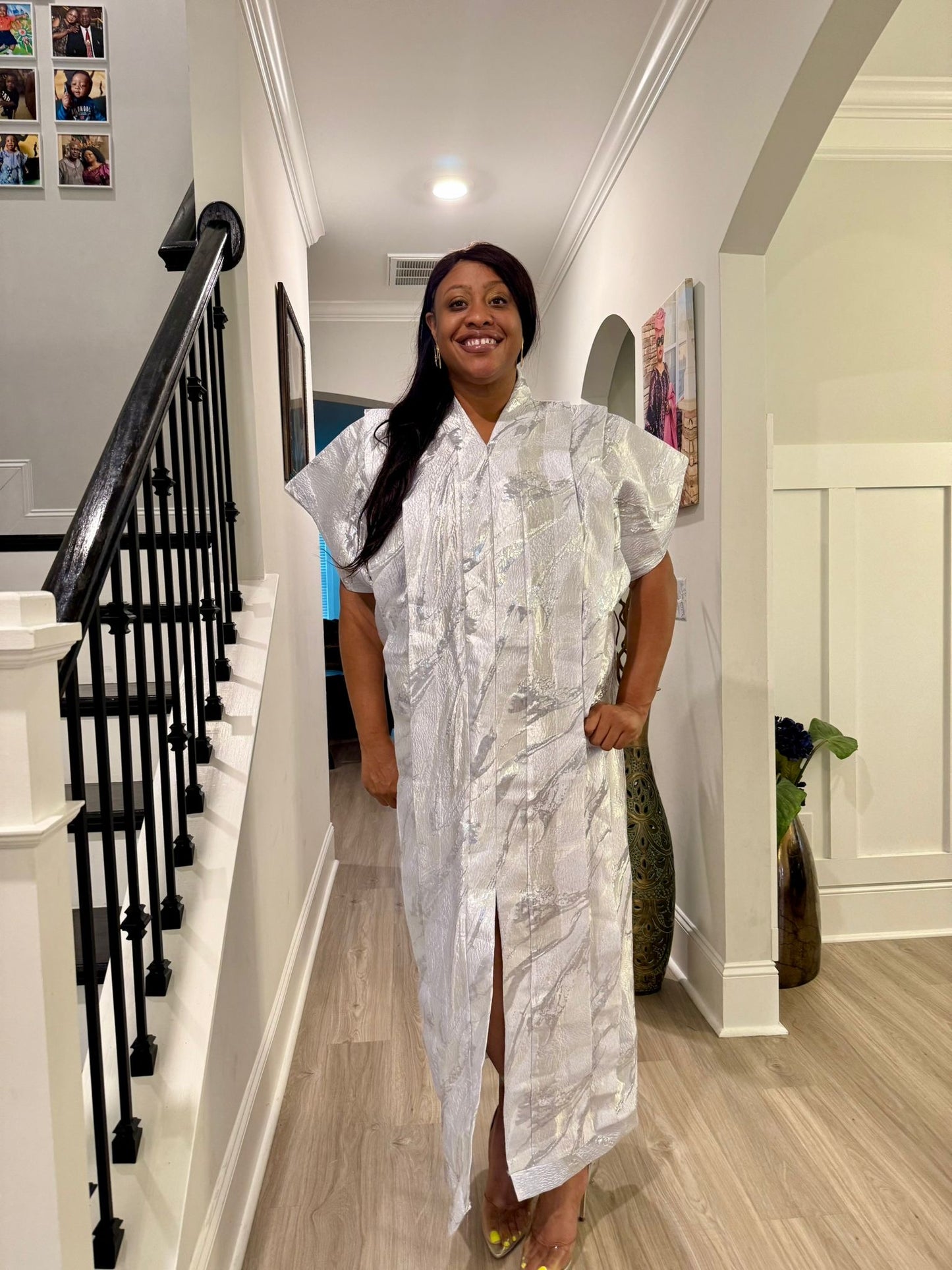 High Quality Luxury White African Damask Brocade Bubu/Boubou Maxi Dress Buga Style