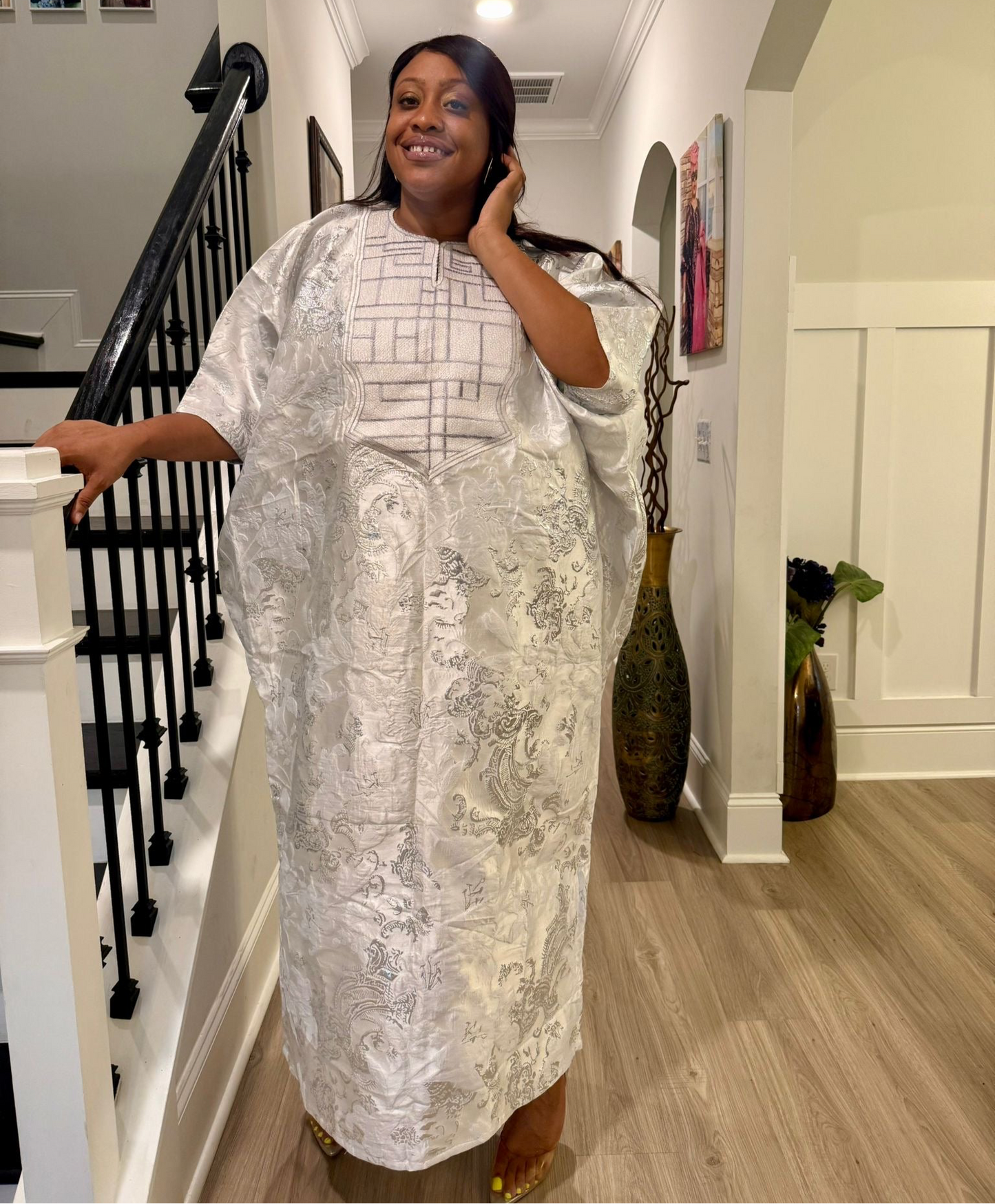 Embroidered White Brocade Maxi Dress: African Bubu Boubou Gown