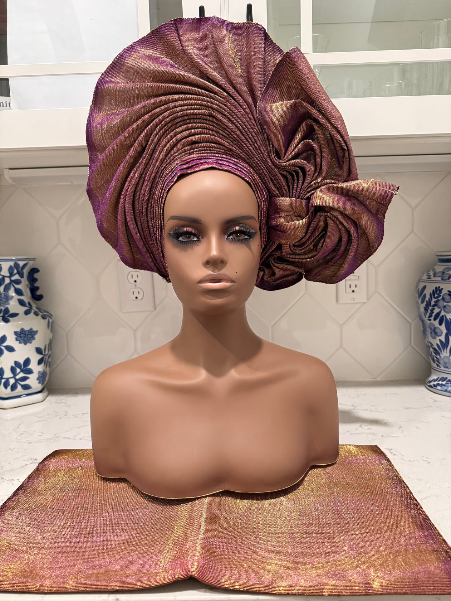 Auto Gele & Ipele Set . Plain Pattern Traditional Aso-Oke Bridal Headwear