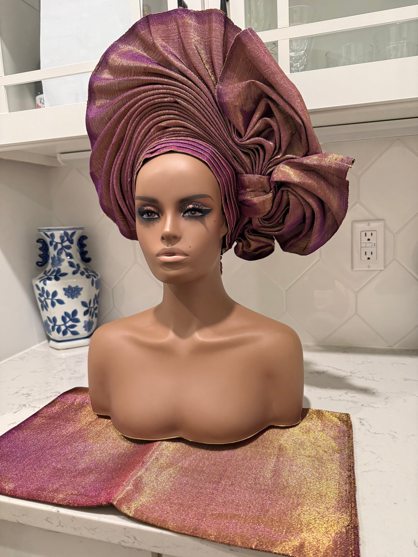 Auto Gele & Ipele Set . Plain Pattern Traditional Aso-Oke Bridal Headwear