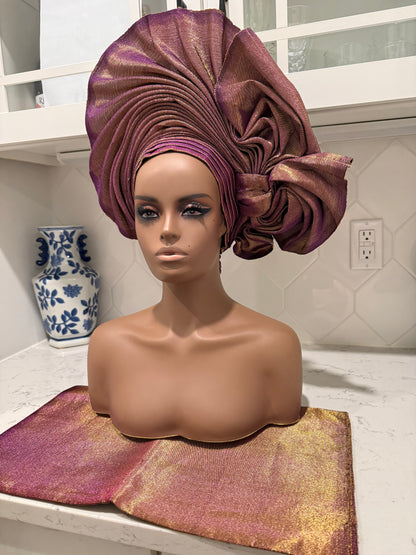 Auto Gele & Ipele Set . Plain Pattern Traditional Aso-Oke Bridal Headwear