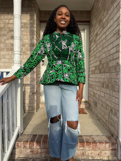 African Ankara Wax Print Long Sleeve Peplum Tops/Blouse