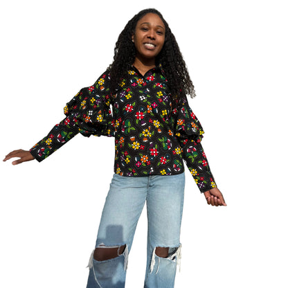 African Ankara Wax Print Floral Ruffles Hand Women Shirt Tops/Blouse