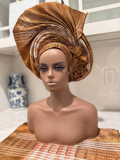 Auto Gele & Ipele Set . Plain Pattern Traditional Aso-Oke Bridal Headwear