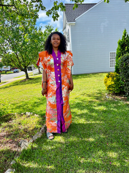 African Luxury Damask Brocade Abstract Pattern Bubu Maxi Dress