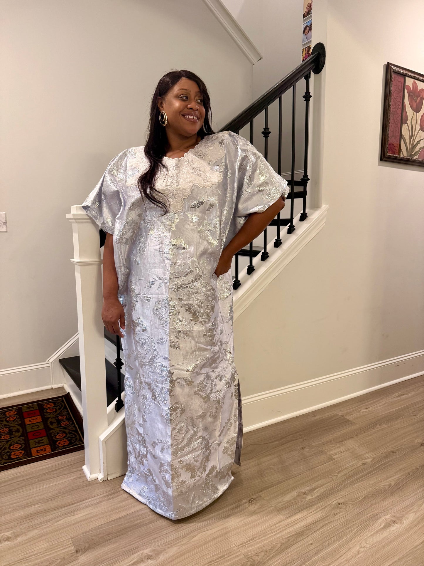 Embroidered White Brocade Maxi Dress: African Bubu Boubou Gown