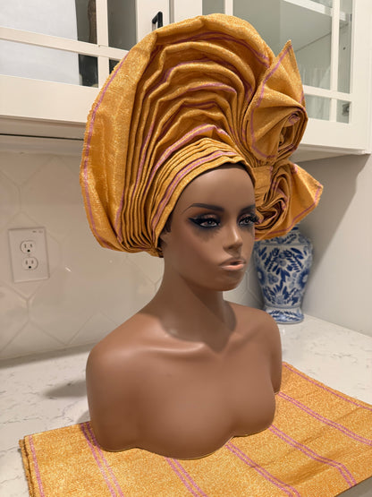 Auto Gele & Ipele Set . Plain Pattern Traditional Aso-Oke Bridal Headwear