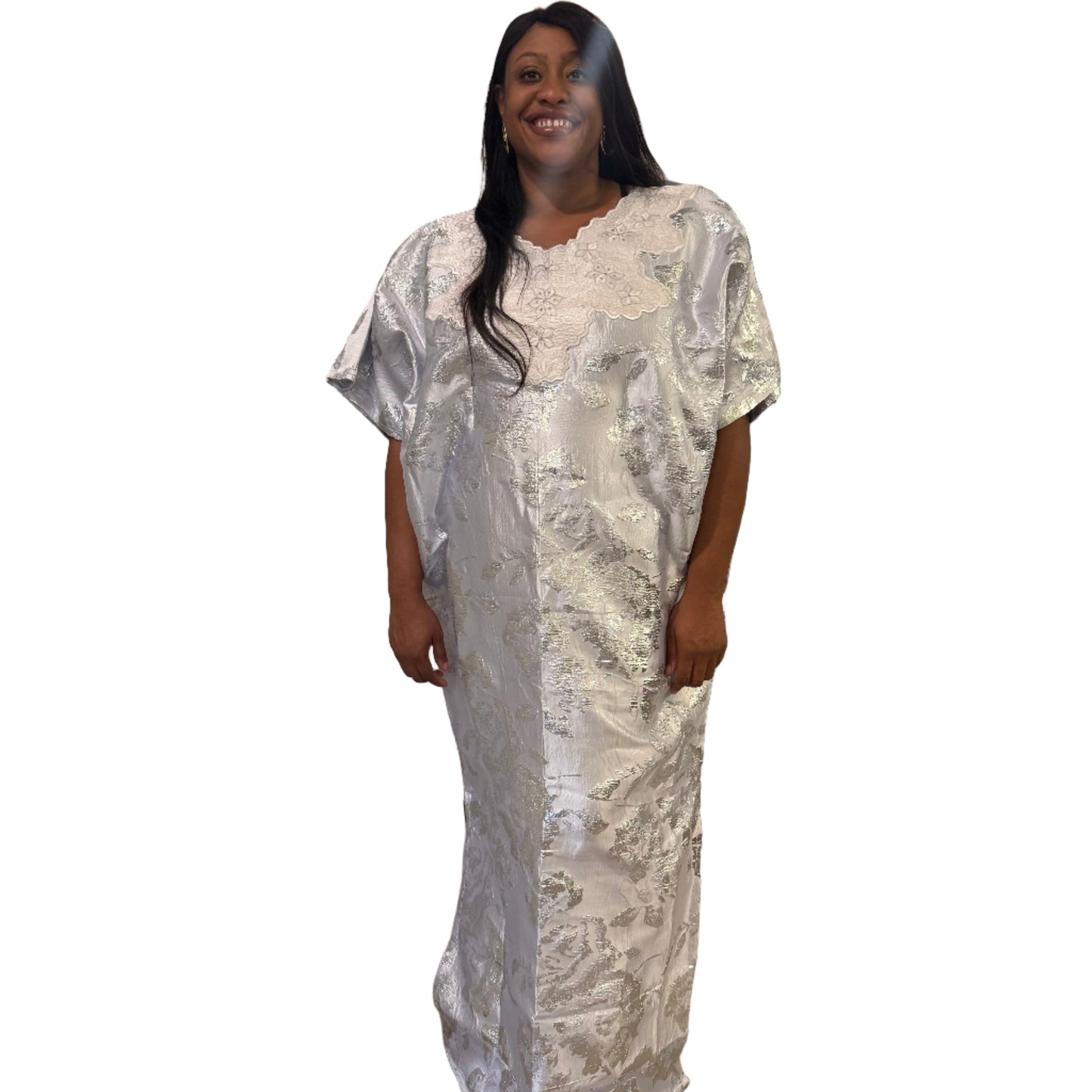 Embroidered White Brocade Maxi Dress: African Bubu Boubou Gown