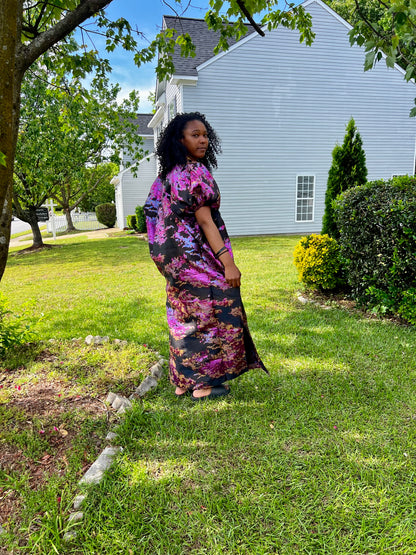 African Luxury Damask Brocade Abstract Pattern Bubu Maxi Dress