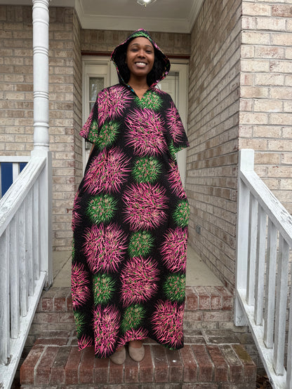 Modern African Ankara Wax Print Hooded Dress with Glittery stones
