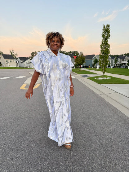 High Quality Luxury White African Damask Brocade Bubu/Boubou Maxi Dress Buga Style