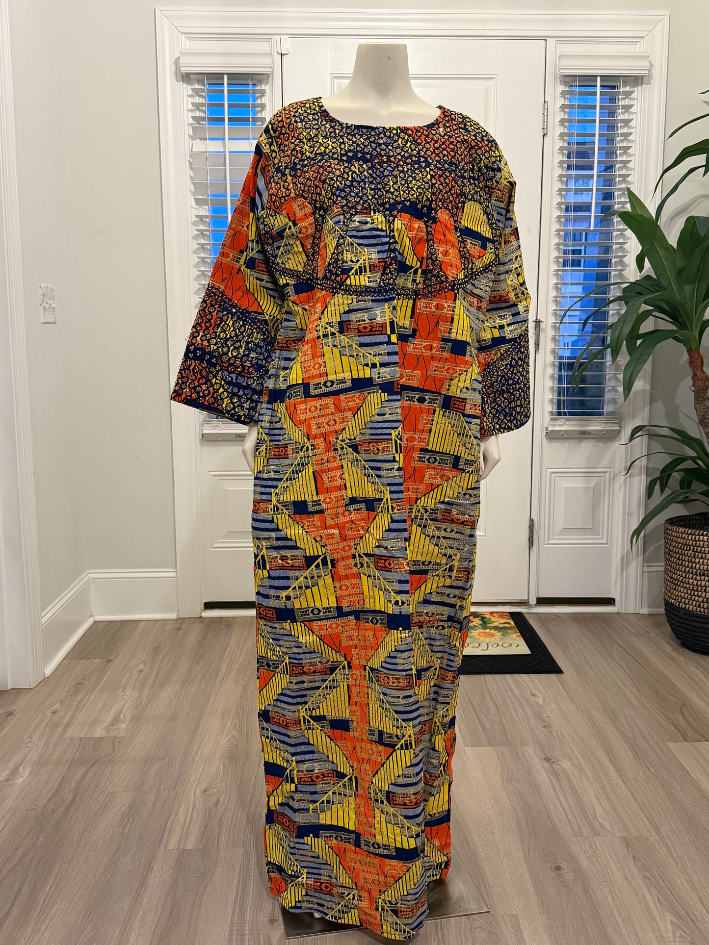African Gold Plated Ankara Wax Print Embroidered Kaftan Dress with Glittery Stones