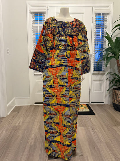 African Gold Plated Ankara Wax Print Embroidered Kaftan Dress with Glittery Stones