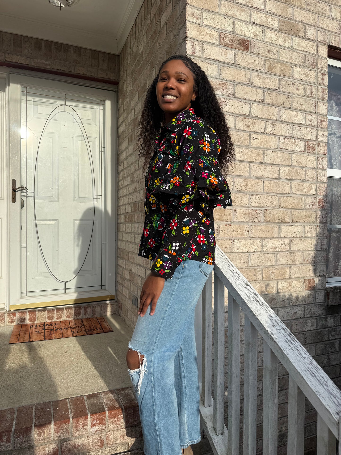 African Ankara Wax Print Floral Ruffles Hand Women Shirt Tops/Blouse