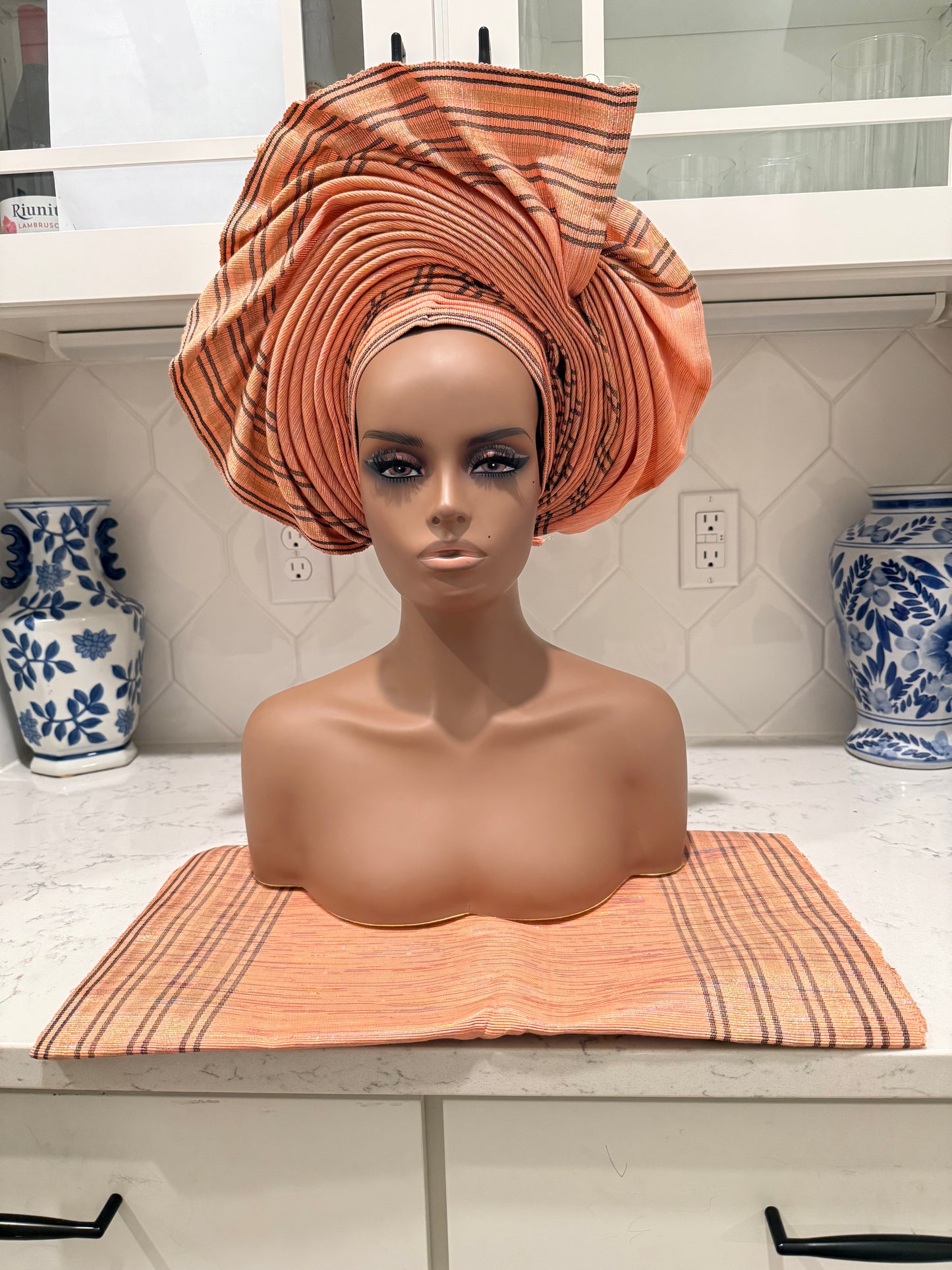 Auto Gele & Ipele Set . Plain Pattern Traditional Aso-Oke Bridal Headwear