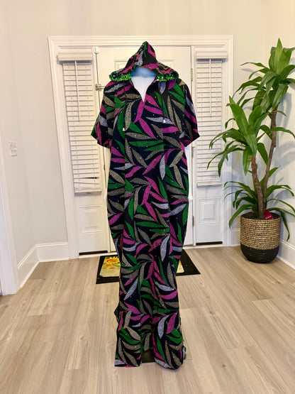 Modern African Ankara Wax Print Hoodie Dress with Glittery stone Embellishments