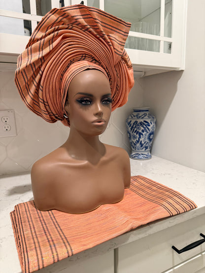 Auto Gele & Ipele Set . Plain Pattern Traditional Aso-Oke Bridal Headwear