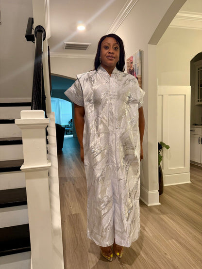 High Quality Luxury White African Damask Brocade Bubu/Boubou Maxi Dress Buga Style