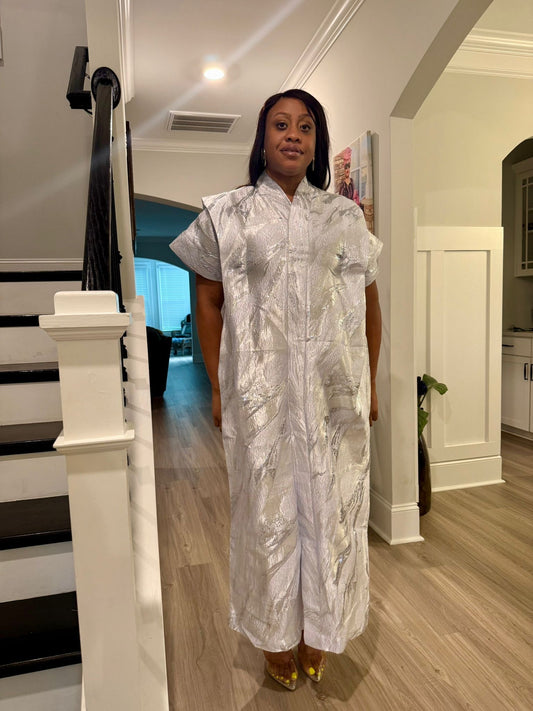 High Quality Luxury White African Damask Brocade Bubu/Boubou Maxi Dress Buga Style