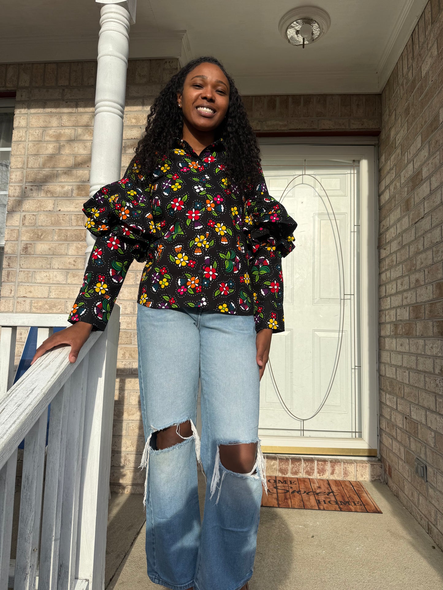 African Ankara Wax Print Floral Ruffles Hand Women Shirt Tops/Blouse