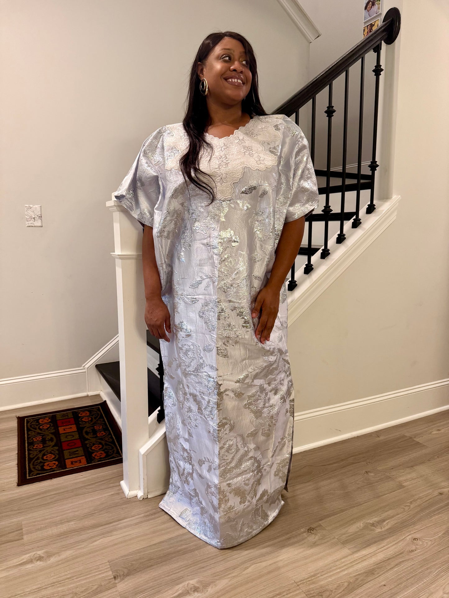 Embroidered White Brocade Maxi Dress: African Bubu Boubou Gown