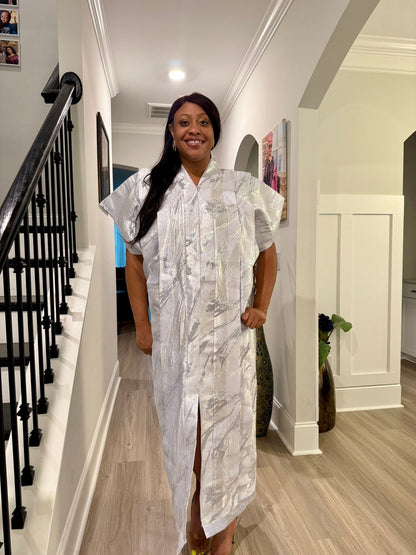 High Quality Luxury White African Damask Brocade Bubu/Boubou Maxi Dress Buga Style