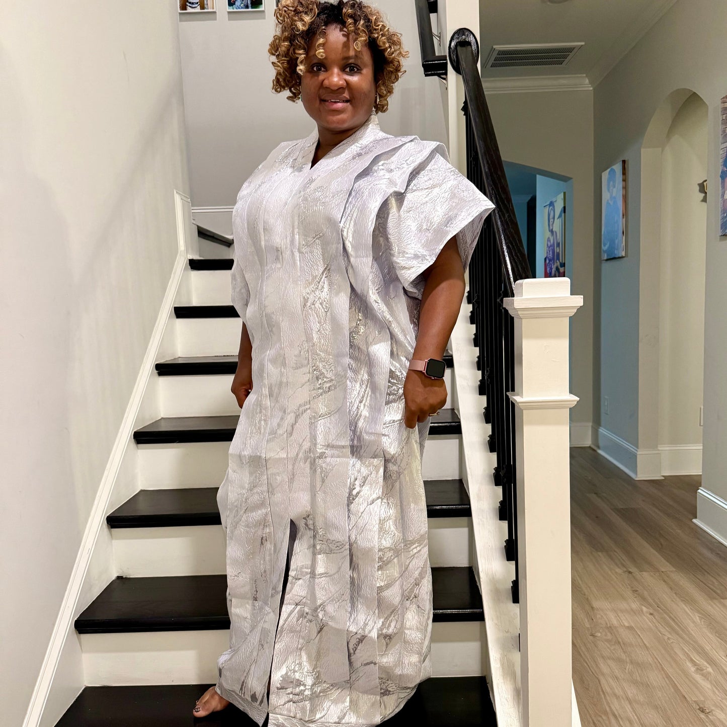 High Quality Luxury White African Damask Brocade Bubu/Boubou Maxi Dress Buga Style