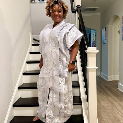 High Quality Luxury White African Damask Brocade Bubu/Boubou Maxi Dress Buga Style