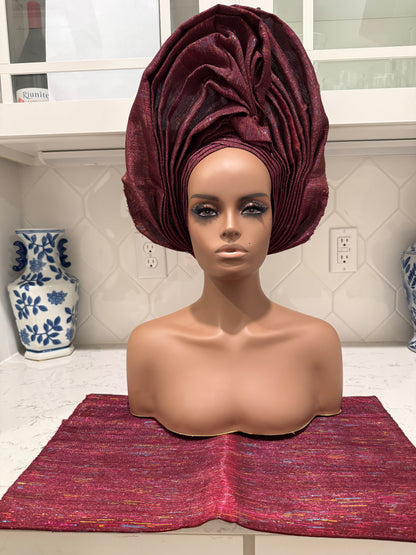 Auto Gele & Ipele Set . Plain Pattern Traditional Aso-Oke Bridal Headwear