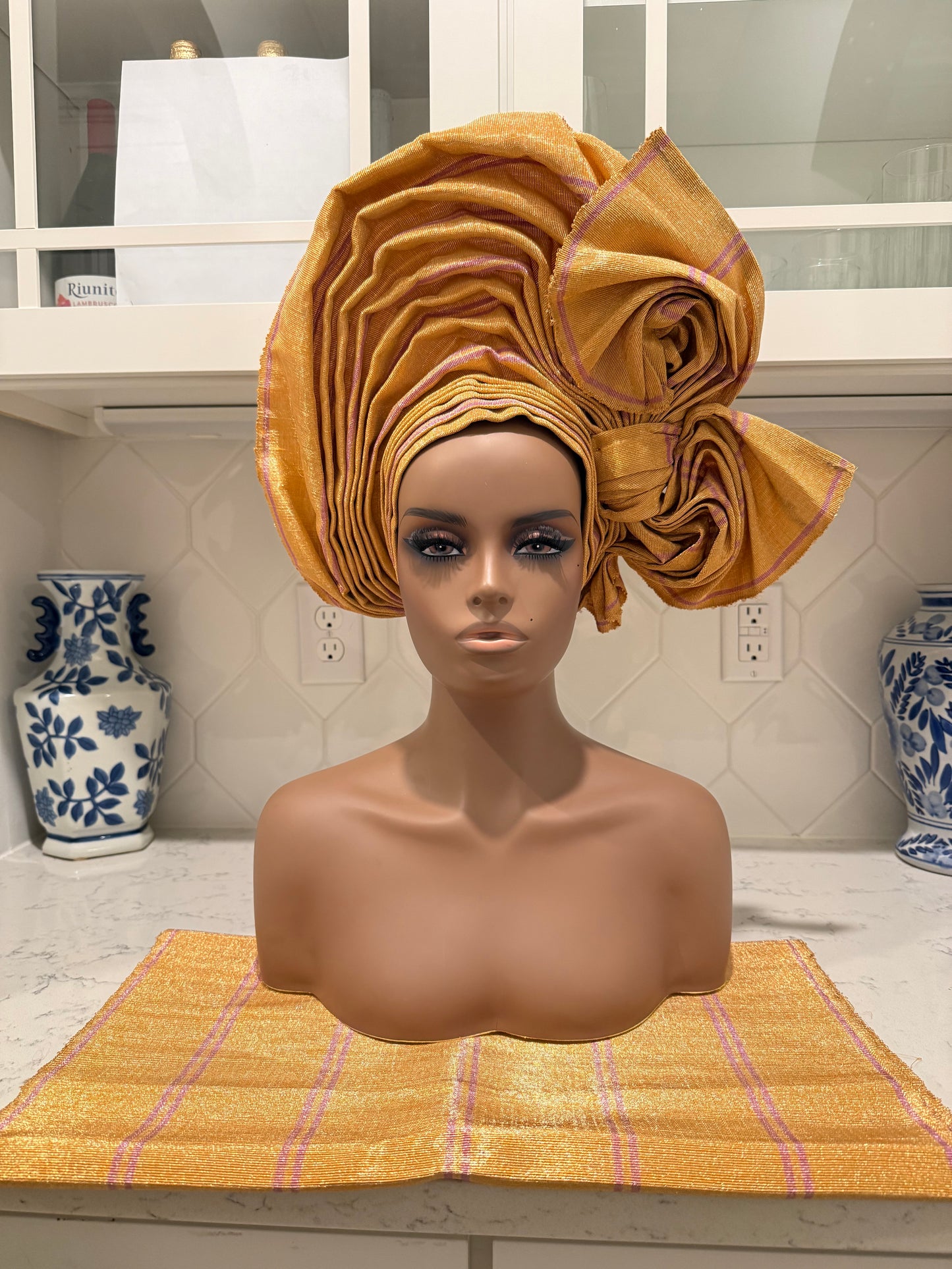 Auto Gele & Ipele Set . Plain Pattern Traditional Aso-Oke Bridal Headwear