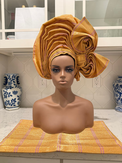 Auto Gele & Ipele Set . Plain Pattern Traditional Aso-Oke Bridal Headwear