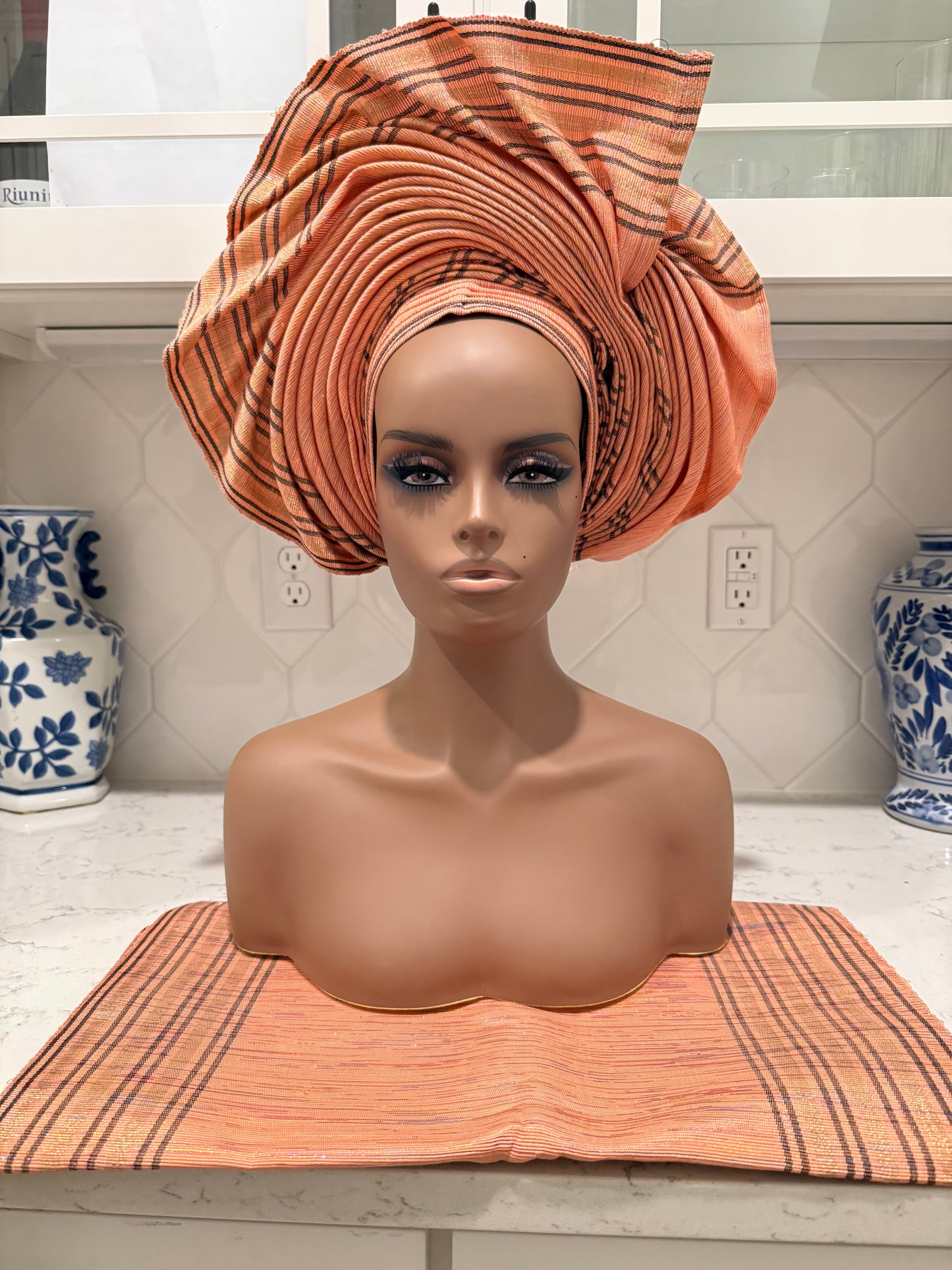 Auto Gele & Ipele Set . Plain Pattern Traditional Aso-Oke Bridal Headwear