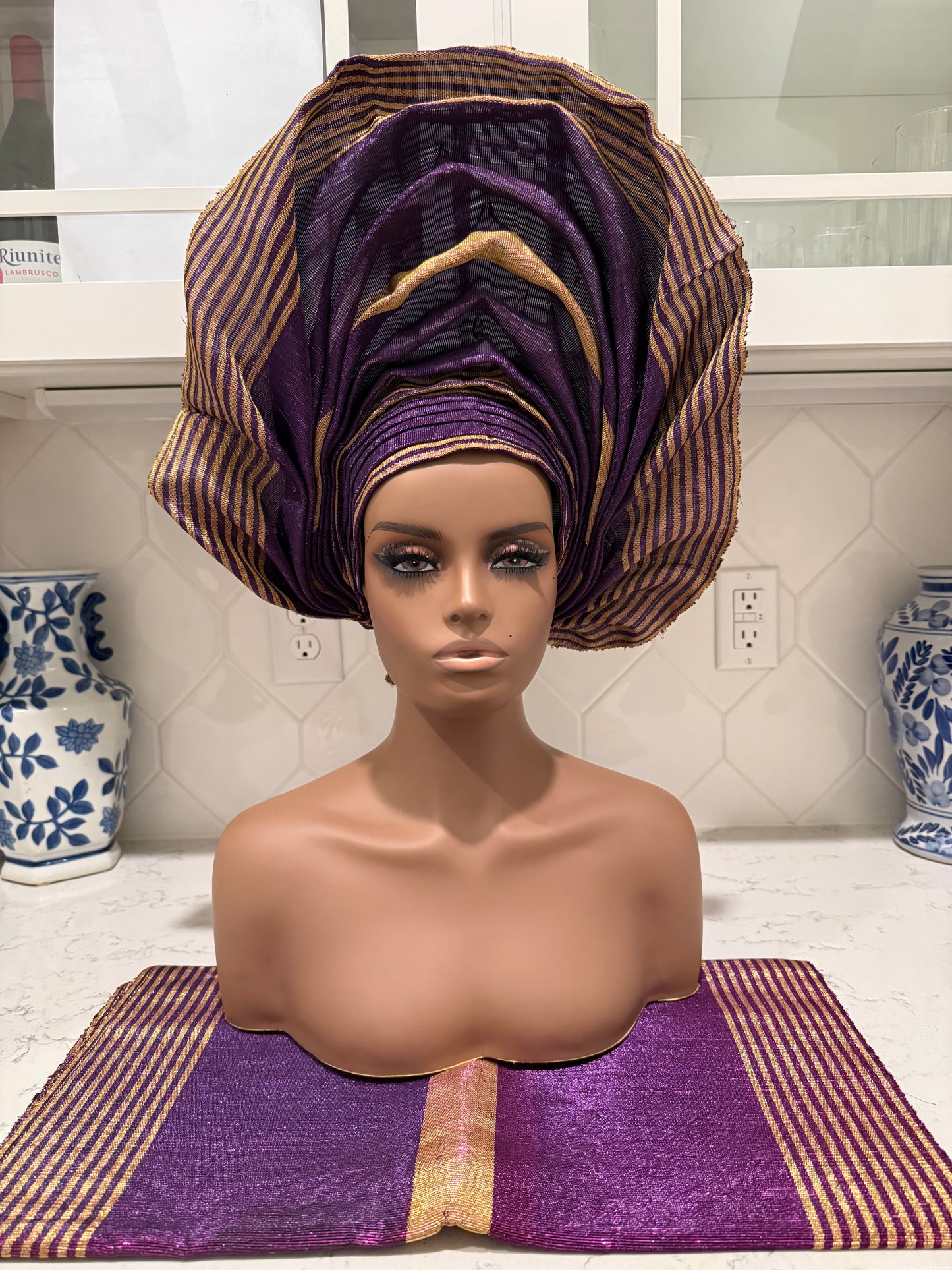 Auto Gele & Ipele Set . Plain Pattern Traditional Aso-Oke Bridal Headwear